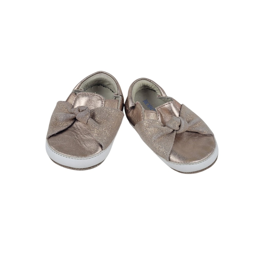 Robeez First Kicks Rose‎ Gold Metallic Bow Soft Sole Baby Shoes Size 9-12 Months